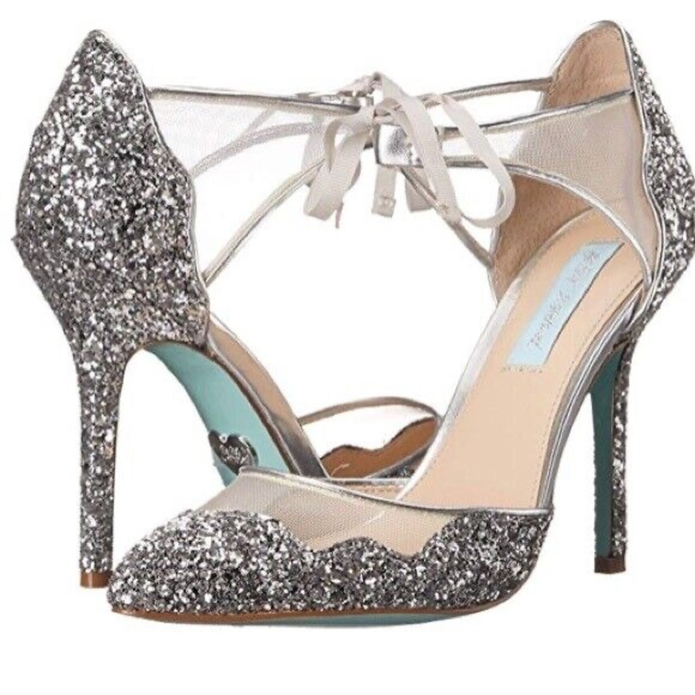 Silver Glitter Pointed Toe Lace-Up High Heels